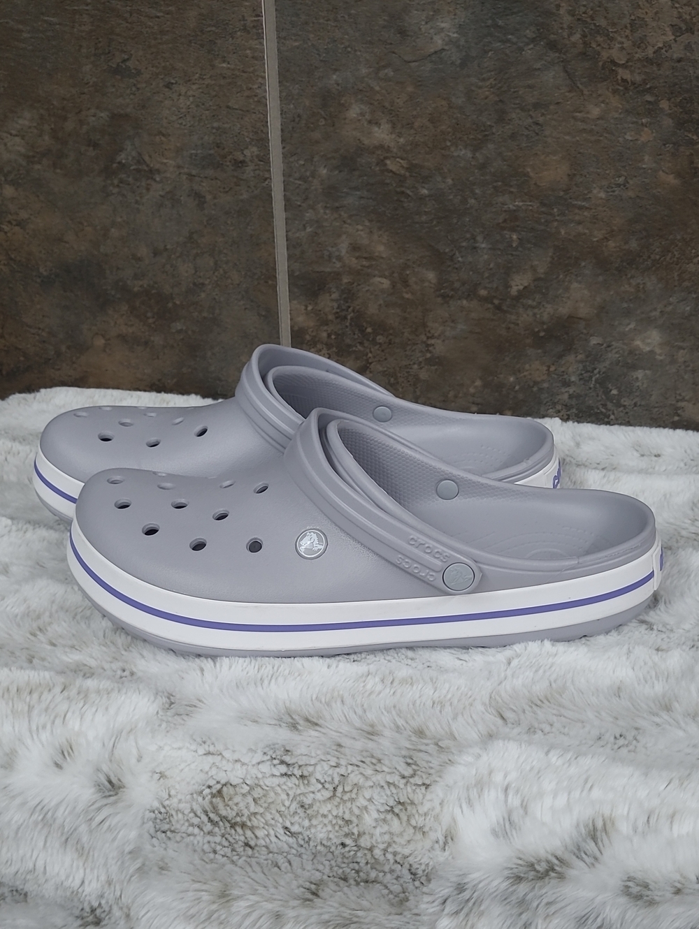 CROCS Classic Clog in Light Gray with White & Purple Trim